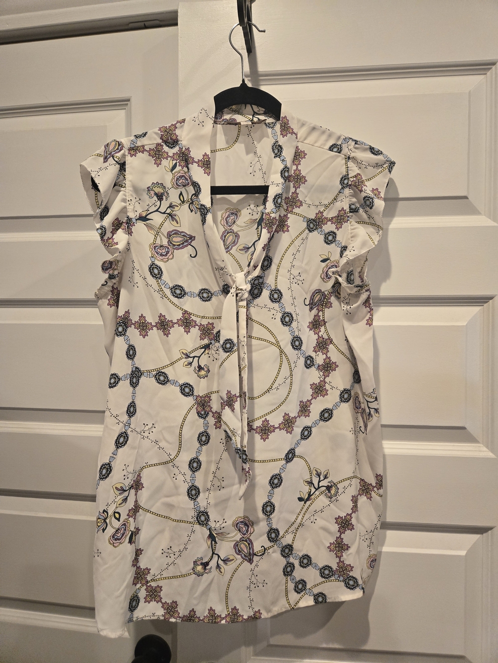 LOFT White Printed Tie-Neck Ruffle Cap Sleeve Blouse